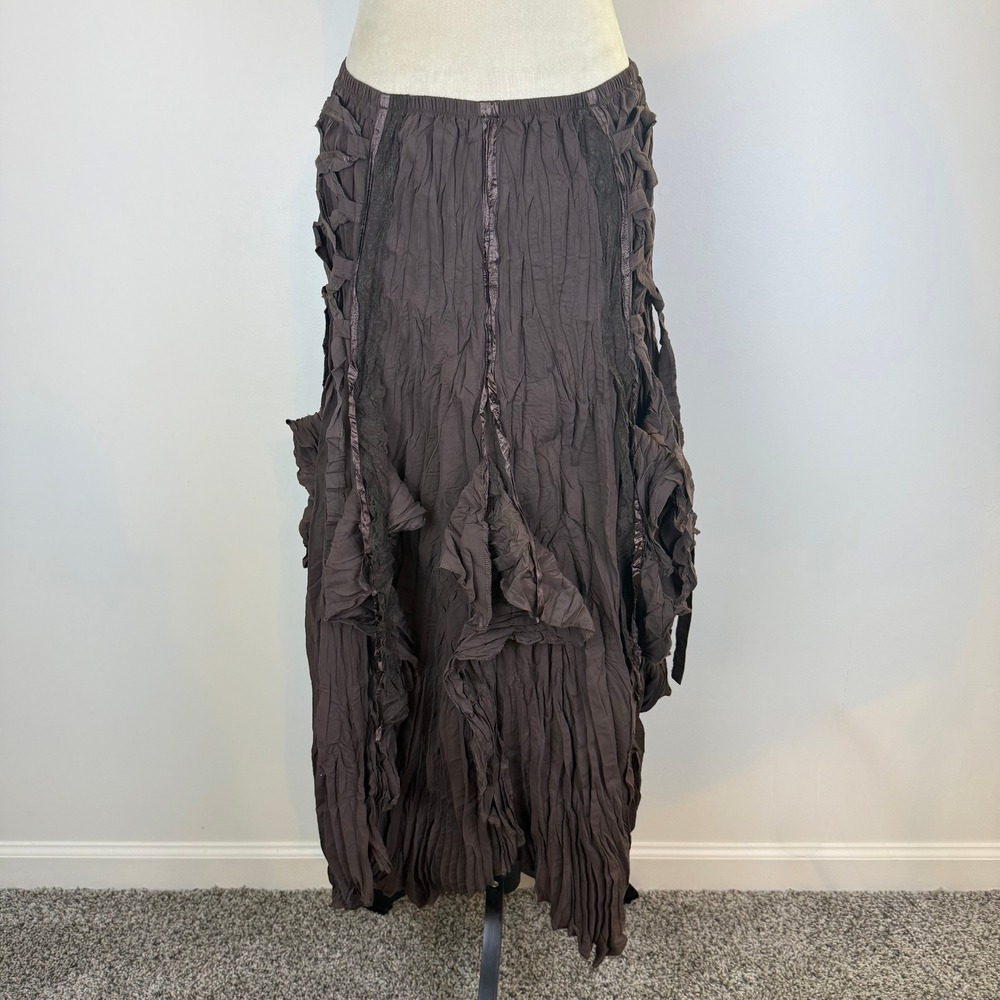 NWT Surrealist Brown Fairy Crinkle Ruffle Maxi Skirt Lace Up Ribbon Boho Whimsy - Picture 4 of 11